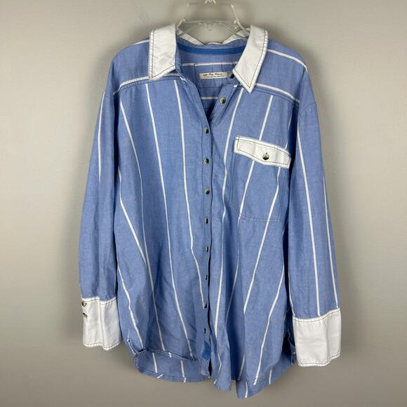 Free People Manchester Blue White Striped Long Sleeve Preppy Button Down XL - Picture 3 of 9